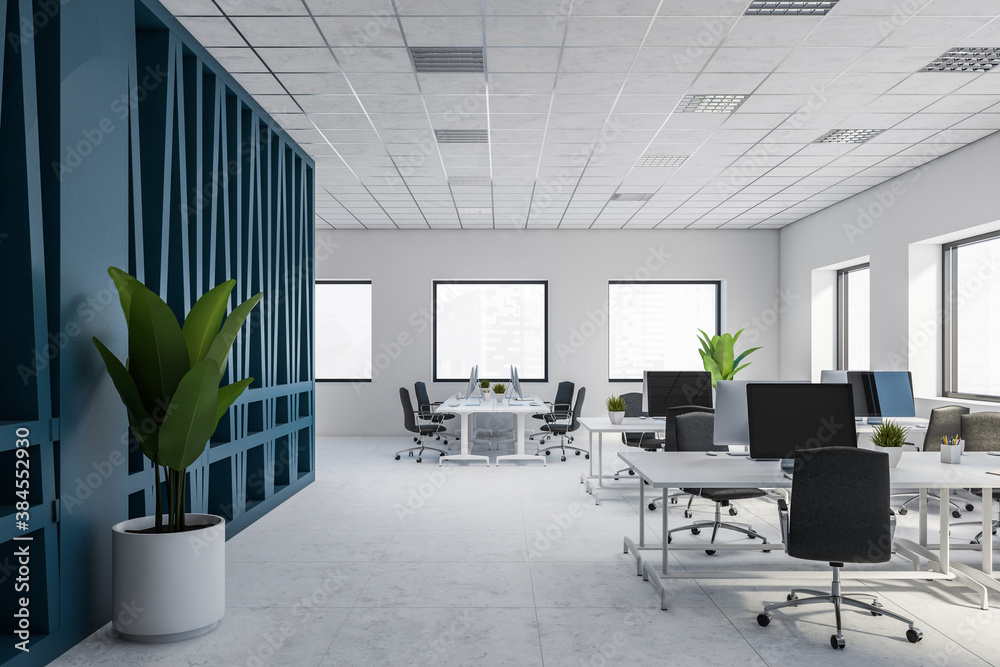 Modern white and blue open space office interior